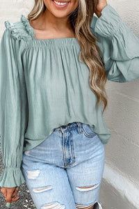Green Ruffled Square Neck Cuffs Long Sleeve Blouse-7
