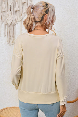 Apricot Ribbed Texture Lace Trim V Neck Long Sleeve Top-1