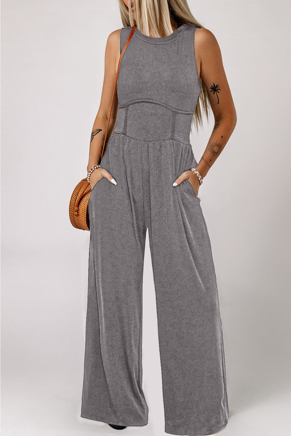 Medium Grey Cinched Waist Sleeveless Wide Leg Jumpsuit-0