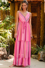 Pink Western Printed Tassel Tie V Neck Wrap Maxi Dress-4