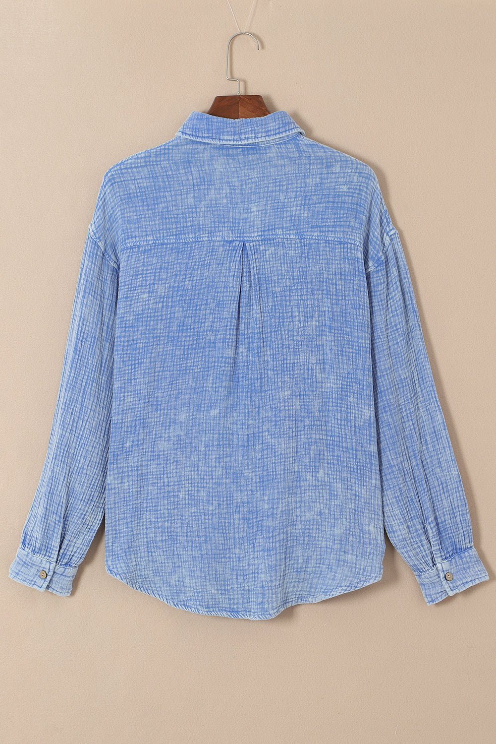 Sky Blue Mineral Wash Crinkle Textured Chest Pockets Shirt-11