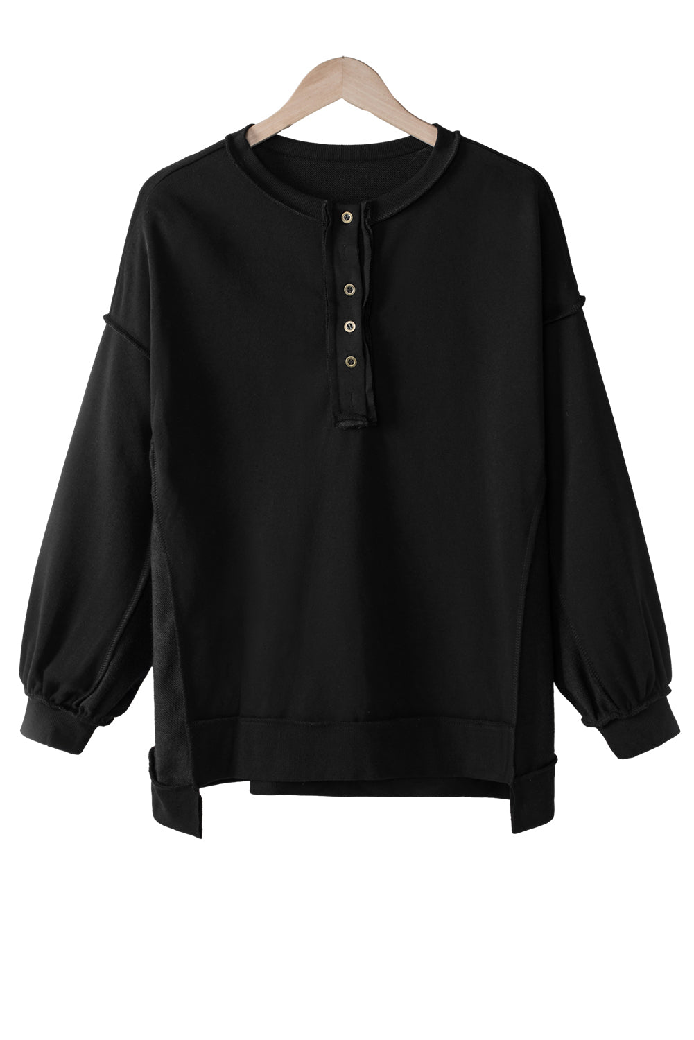 Black Oversized Exposed Seam Henley Sweatshirt-14