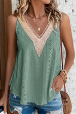 Mist Green Lace Crochet Splicing V Neck Loose Fit Tank Top-0