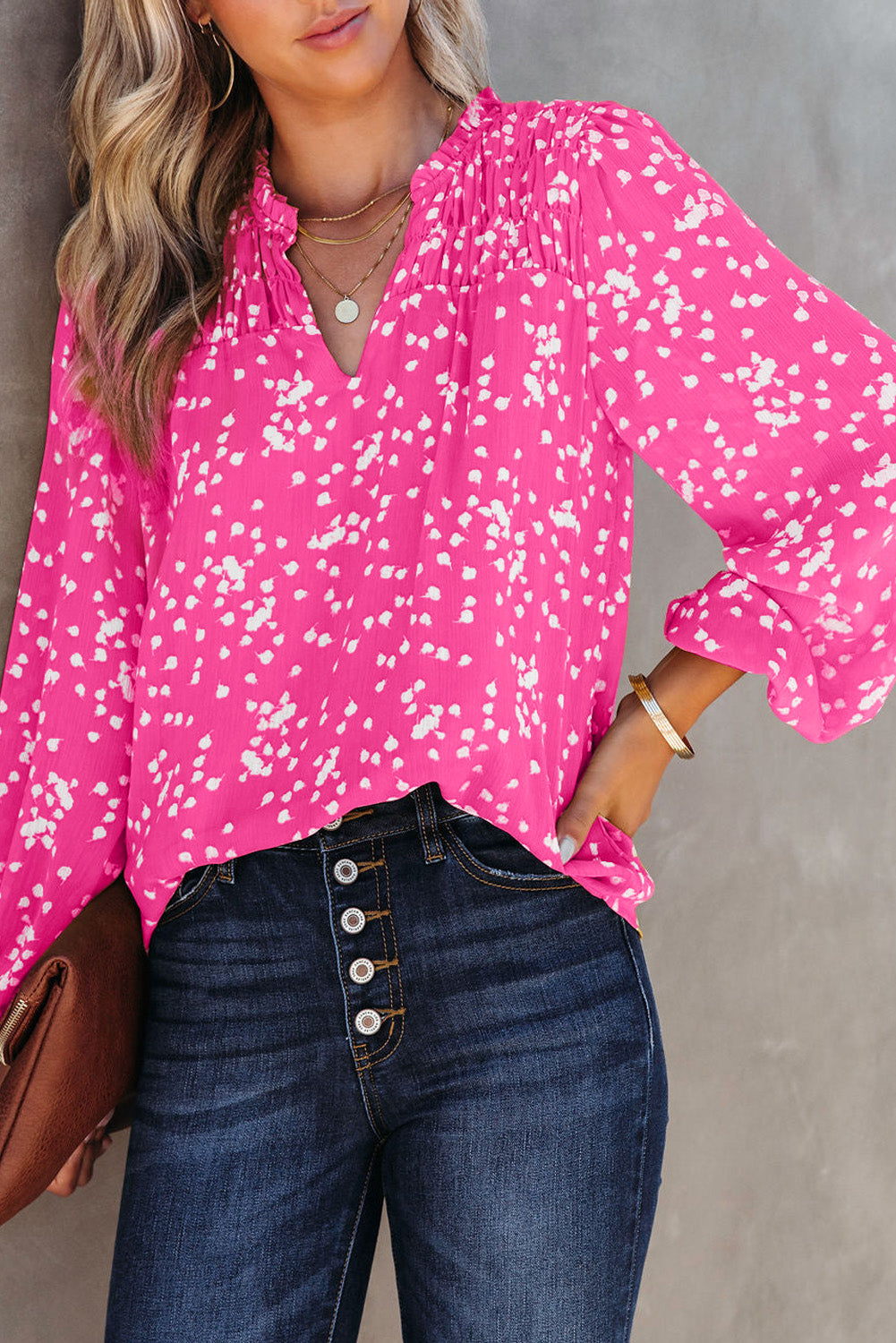Pink Split Neck Fall Printed Crinkled Blouse-5