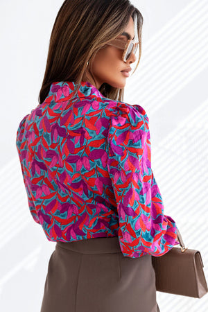 Multicolor Abstract Floral Button Up Long Puff Sleeve Shirt-1