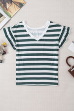 Sea Green Striped V Neck Ruffle Sleeve Top-7