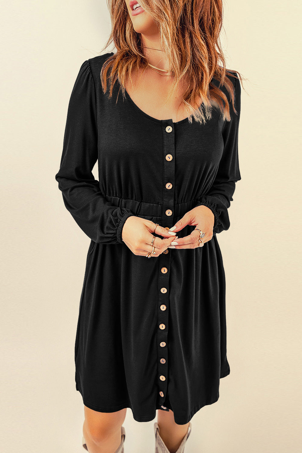 Black Button Up High Waist Long Sleeve Dress-3