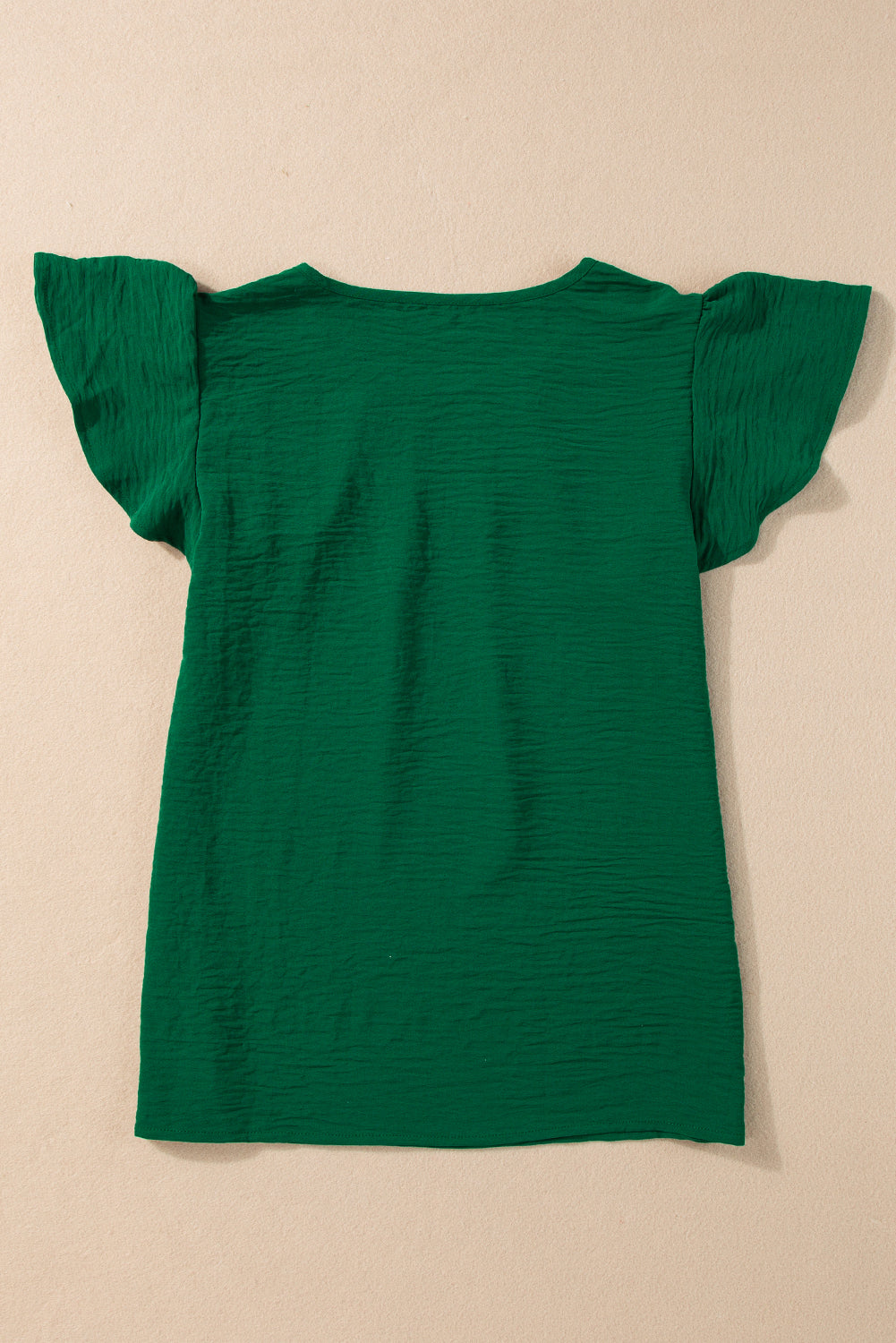 Dark Green Solid Color Textured Pleated Flutter Sleeve Blouse-5