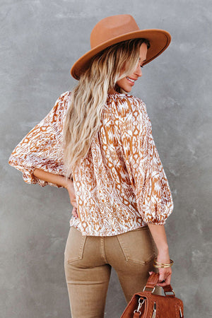 Brown Drawstring Neckline 3/4 Sleeve Printed Blouse-1
