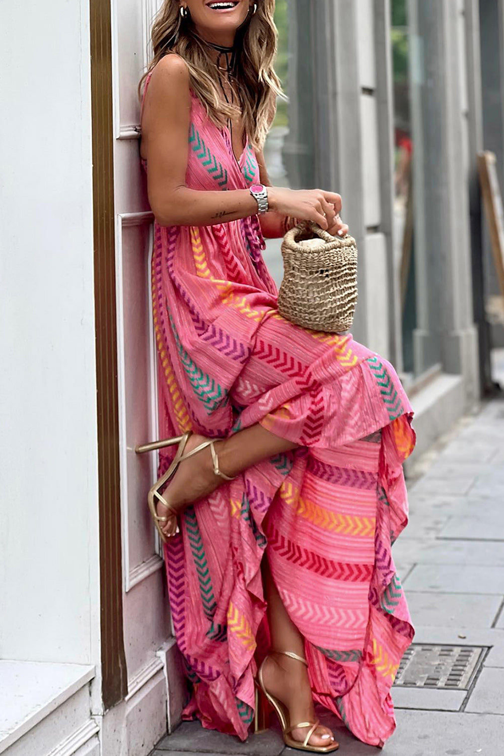 Pink Western Printed Tassel Tie V Neck Wrap Maxi Dress-8