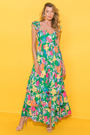 Green Floral Print Sleeveless Ruffle Tiered Maxi Dress-2