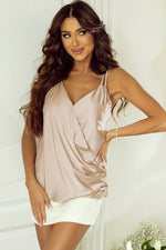 Apricot Wrap V Neck Ruched Satin Cami Top-6