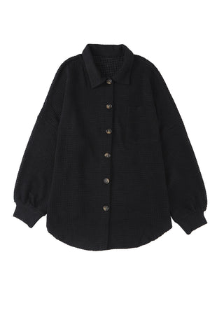 Black Waffle Knit Button Up Casual Shirt-13