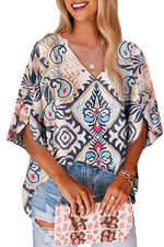 White Abstract Printed Notched V Neck Split Half Sleeve Blouse-8