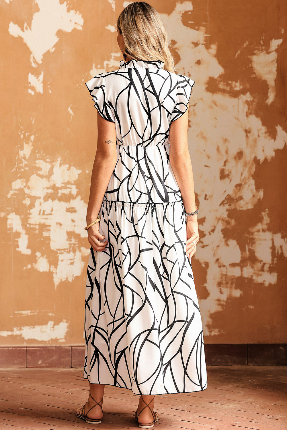 White Abstract Vein Print V Neck Ruffle Maxi Dress-5
