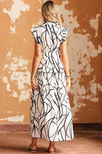 White Abstract Vein Print V Neck Ruffle Maxi Dress-5