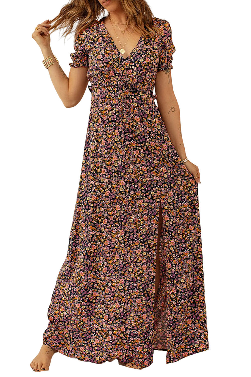 ΑΜΕΣΑ ΔΙΑΘΕΣΙΜΟ: χρωματιστό φλοράλ μάξι boho φόρεμα με V ντεκολτέ MYRTIE