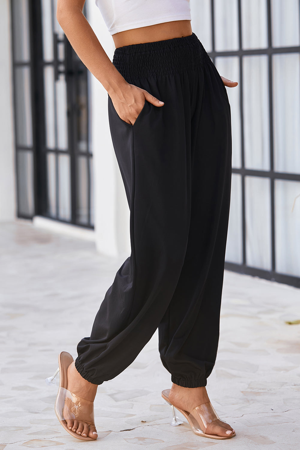 Black Smocked High Waist Joggers-2