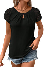 Black Contrast Lace Sleeve Keyhole Decor Top-14