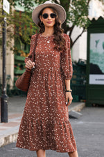 Chestnut Floral Print 3/4 Sleeve Ruffle Hem Midi Dress-3