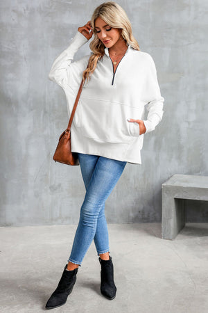 White Oversized Quarter-Zip Pullover Sweatshirt-4