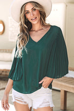 Blackish Green 3/4 Pleated Bell Sleeve V Neck Blouse-9