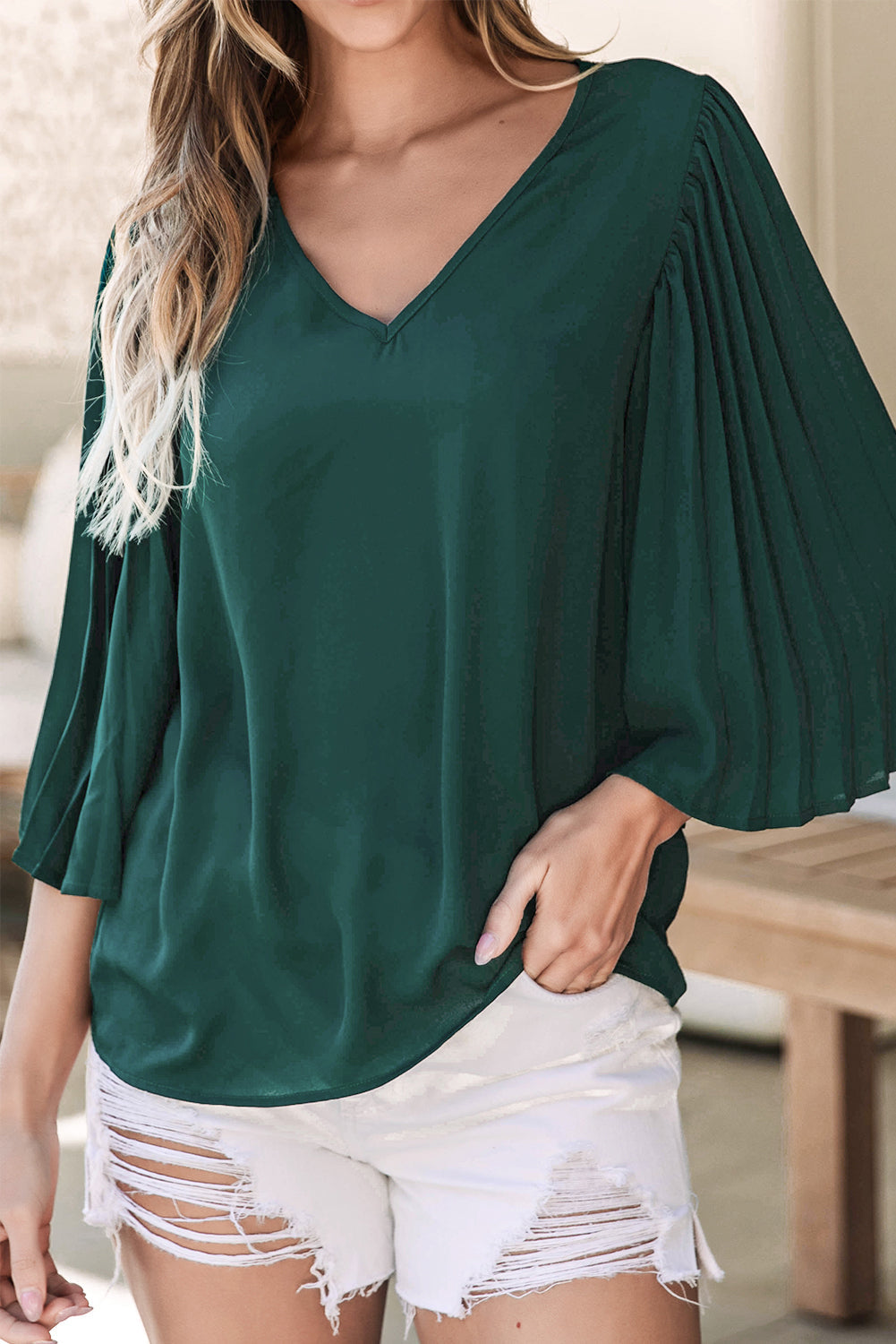 Blackish Green 3/4 Pleated Bell Sleeve V Neck Blouse-10