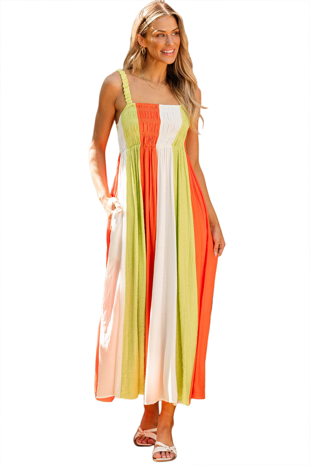 Green Color Block Shirred High Waist Fit and Flare Maxi Dress-23