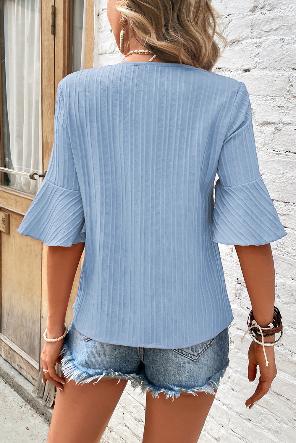 Beau Blue Ruffled Half Sleeve V Neck Textured Top-1