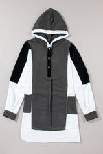 Black Color Block Exposed Seam Buttoned Neckline Hoodie-4