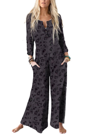 Gray Printed Buttoned Bodice Wide Leg Leopard Jumpsuit-1