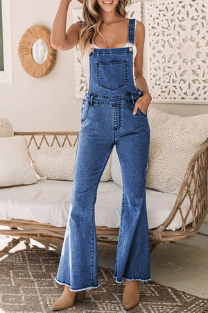 Dark Blue Adjustable Buckle Strap Flare Leg Denim Overalls-5