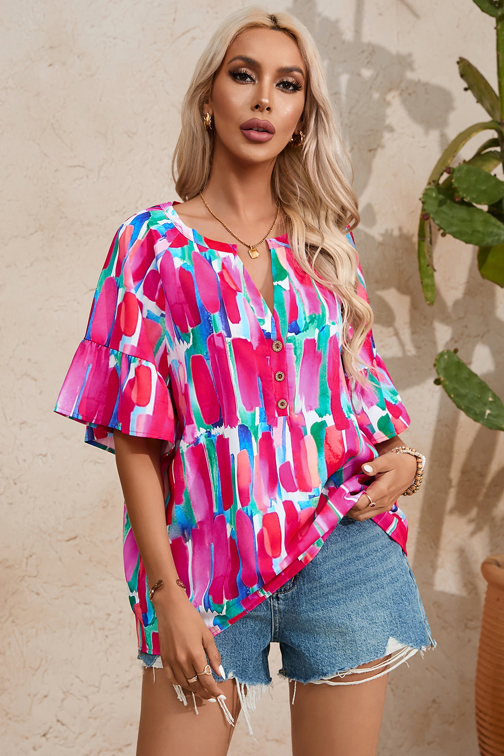 Rose Abstract Brushwork Print Buttoned V Neck Blouse-10