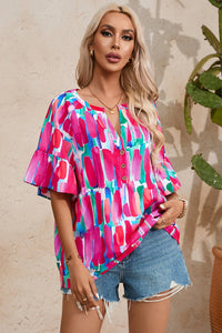 Rose Abstract Brushwork Print Buttoned V Neck Blouse-10