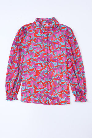 Multicolor Abstract Floral Button Up Long Puff Sleeve Shirt-8