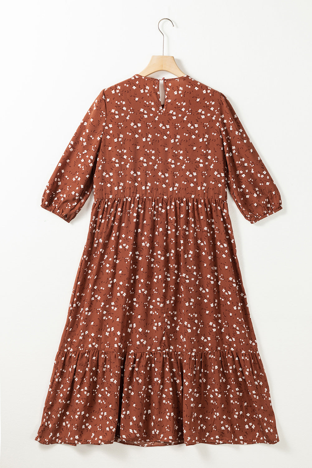 Chestnut Floral Print 3/4 Sleeve Ruffle Hem Midi Dress-12