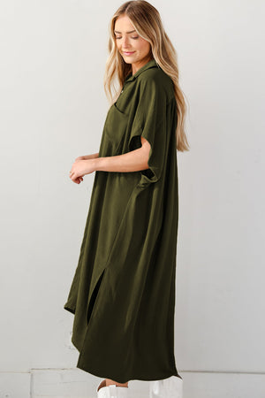 Jungle Green Loose High Low Side Slits Short Sleeve Shirt Dress-2