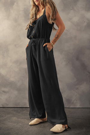 Black Knotted Straps Button Textured Drawstring Jumpsuit-2