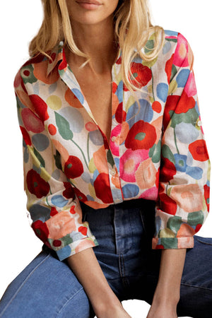 Multicolor Floral Print Bracelet Sleeve Shirt-4