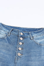 Sky Blue High Waist Buttoned Distressed Flared Jeans-11