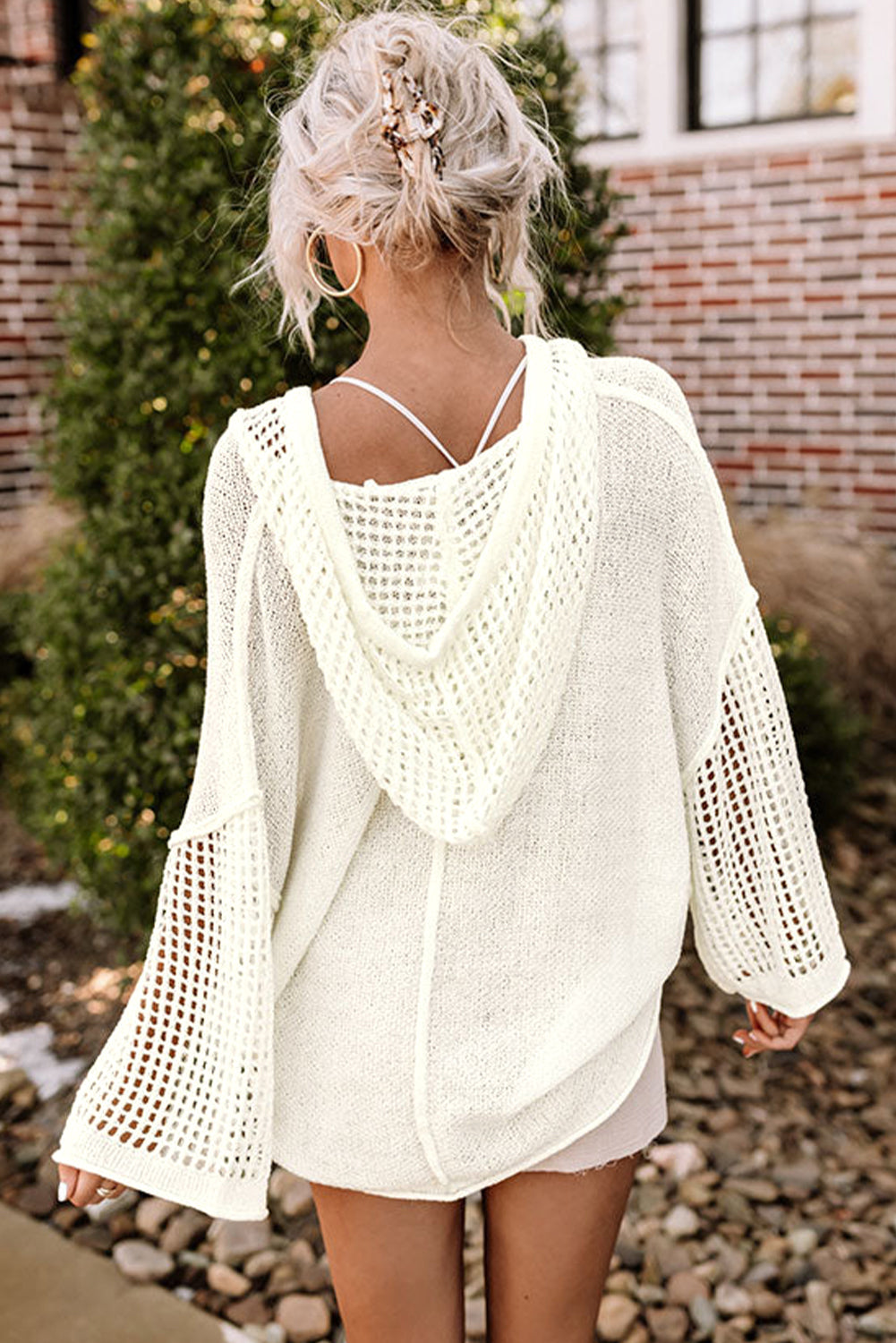 White Open Knit Long Sleeve Pocketed Hooded Sweater-1