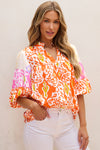 Orange Leopard Colorblock Puff Sleeve Split Neck Blouse-0