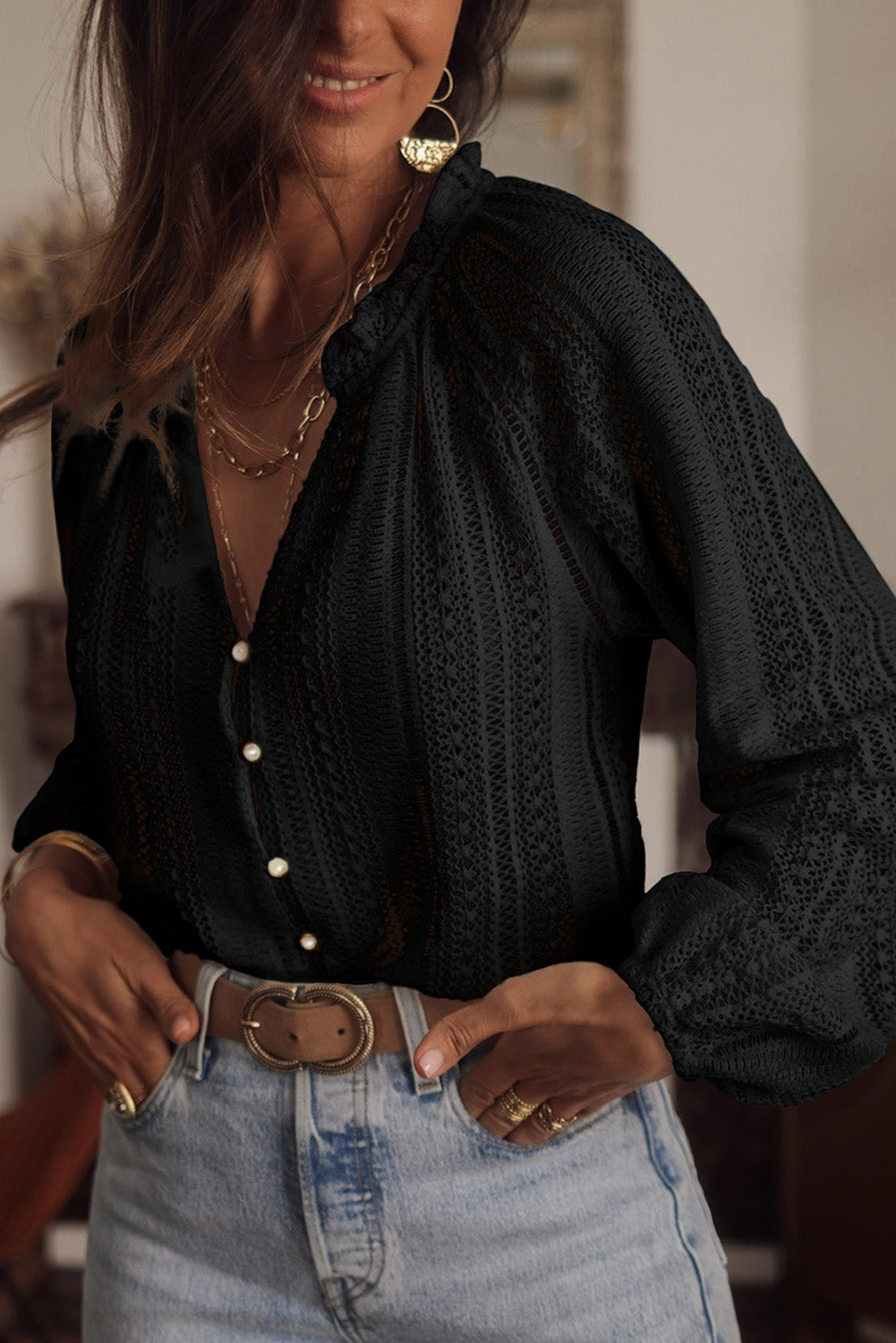 Black V-Neck Long Sleeve Button Up Lace Shirt-2