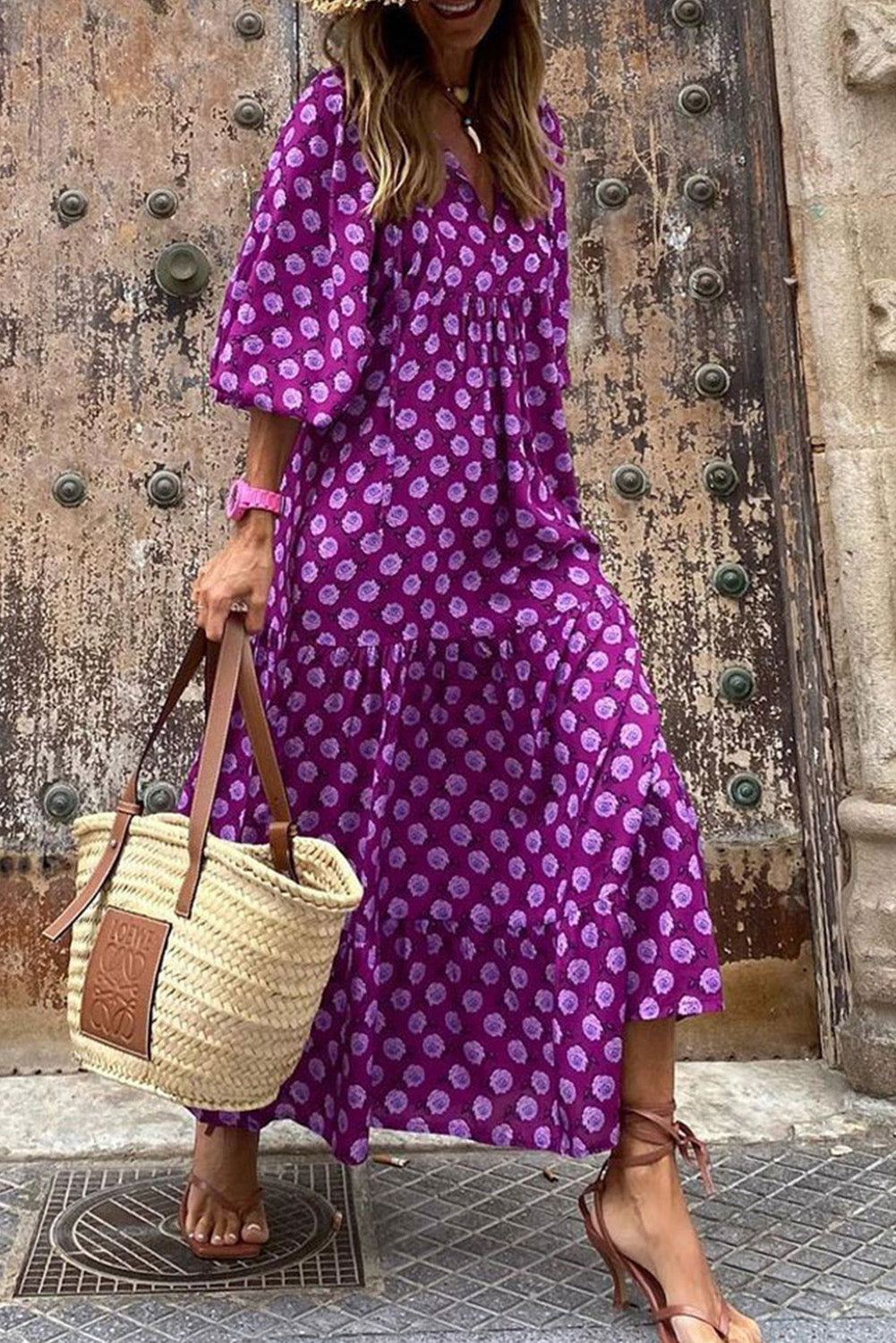 Purple Boho Printed Puff Sleeve Maxi Dress-1
