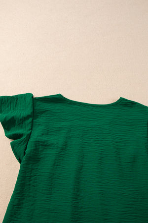 Dark Green Solid Color Textured Pleated Flutter Sleeve Blouse-7