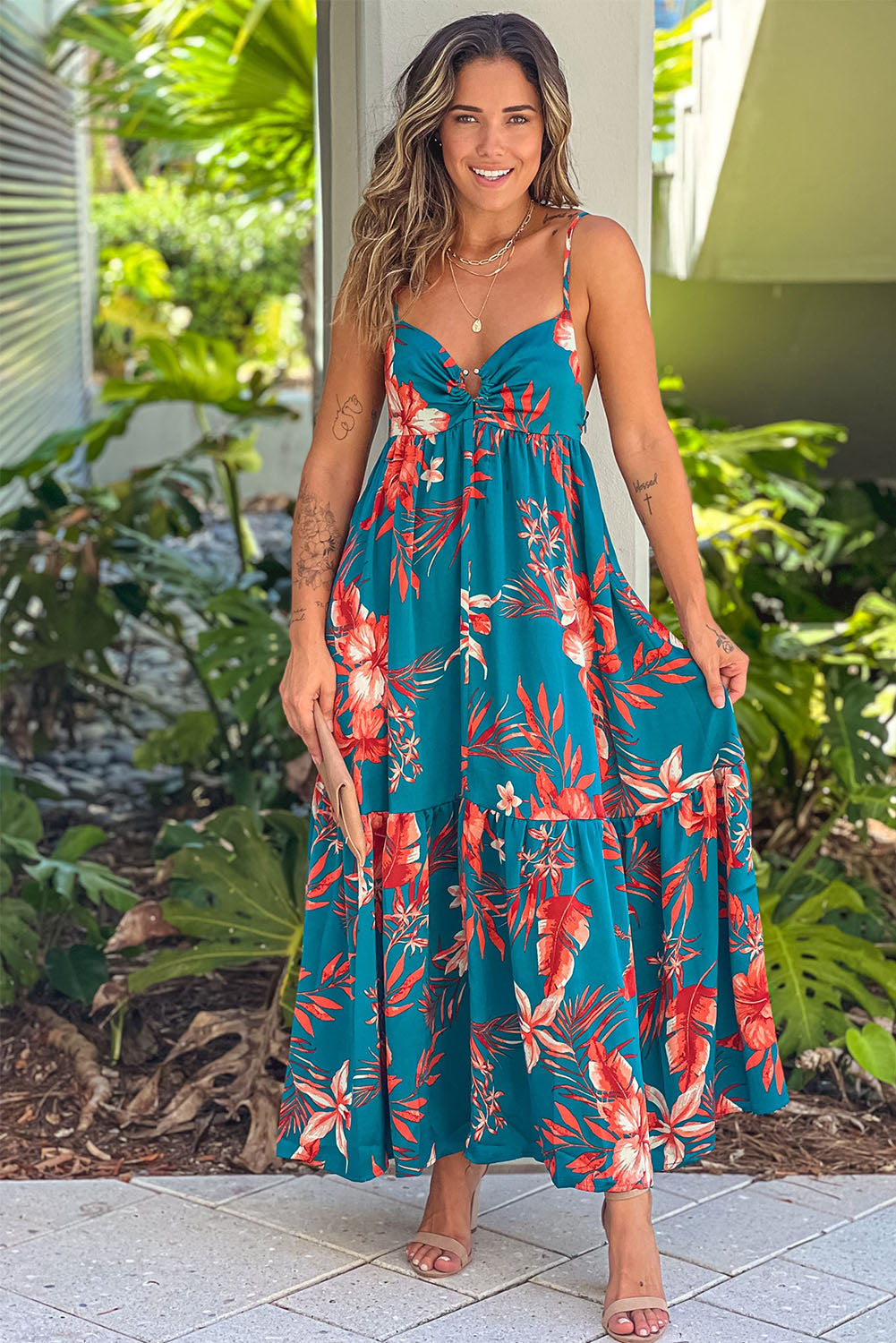 Sky Blue Strappy Open Back Floral Maxi Dress-3