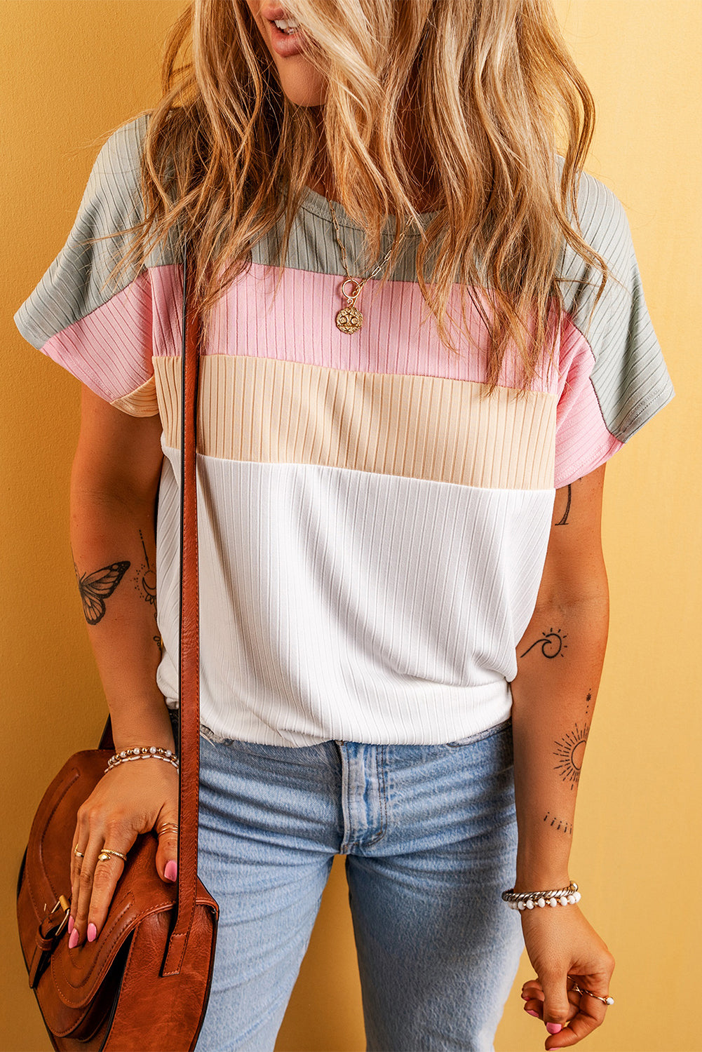 White Ribbed Color Block Patchwork T-shirt-3