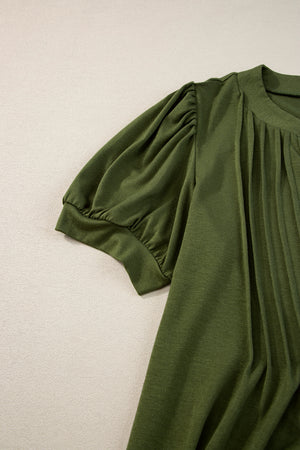 Fern Green Notched Neck Pleated Puff Sleeve Shift T-shirt Dress-8