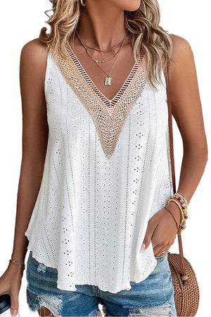 White Lace Crochet Splicing V Neck Loose Fit Tank Top-3