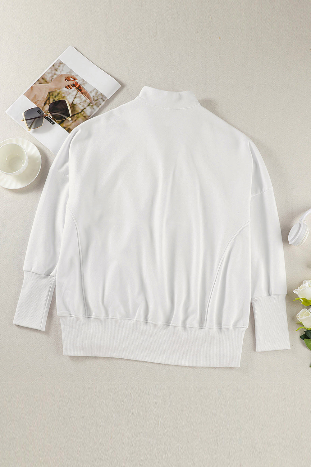 White Oversized Quarter-Zip Pullover Sweatshirt-6